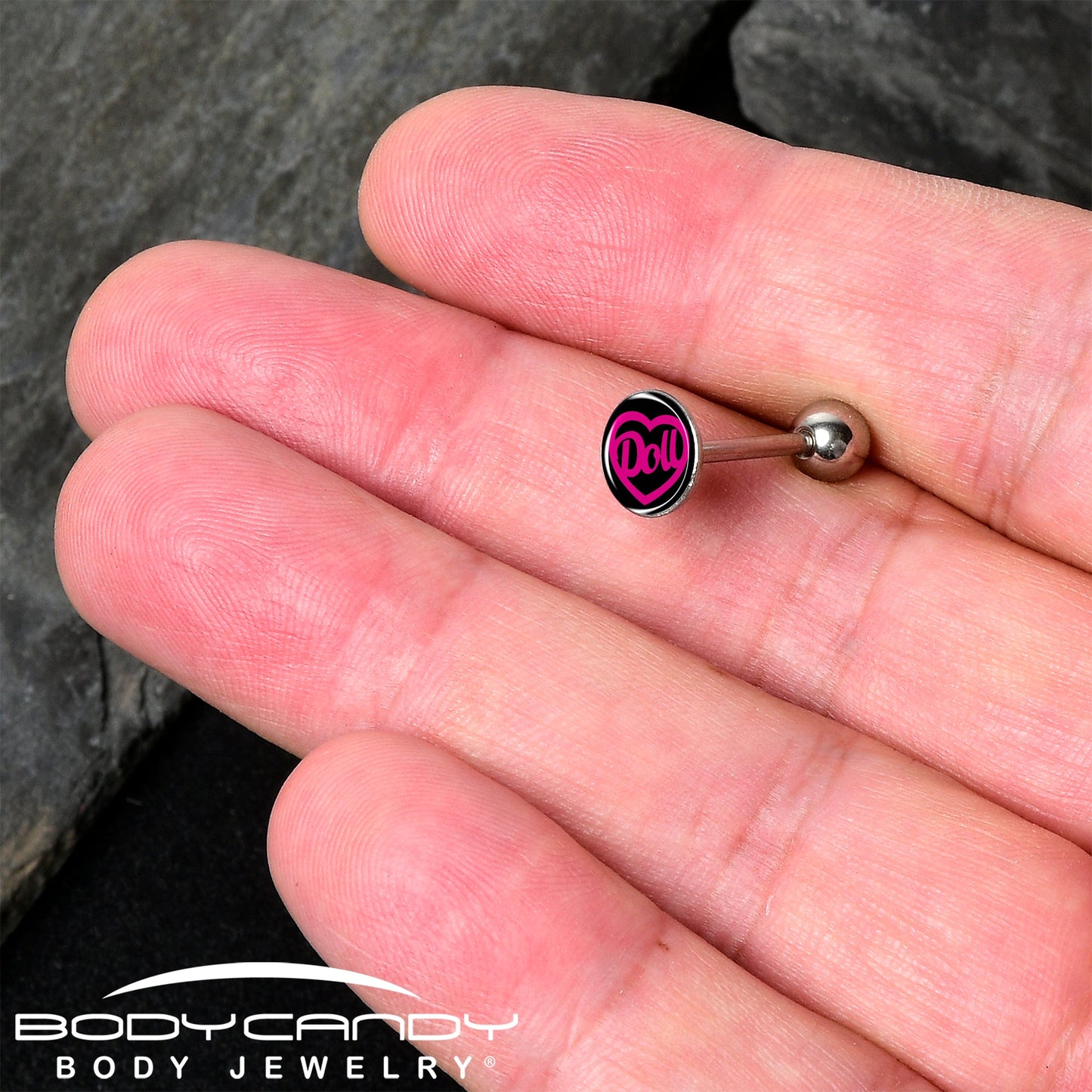 Hollow Heart Doll Word Barbell Tongue Ring by Onyx O