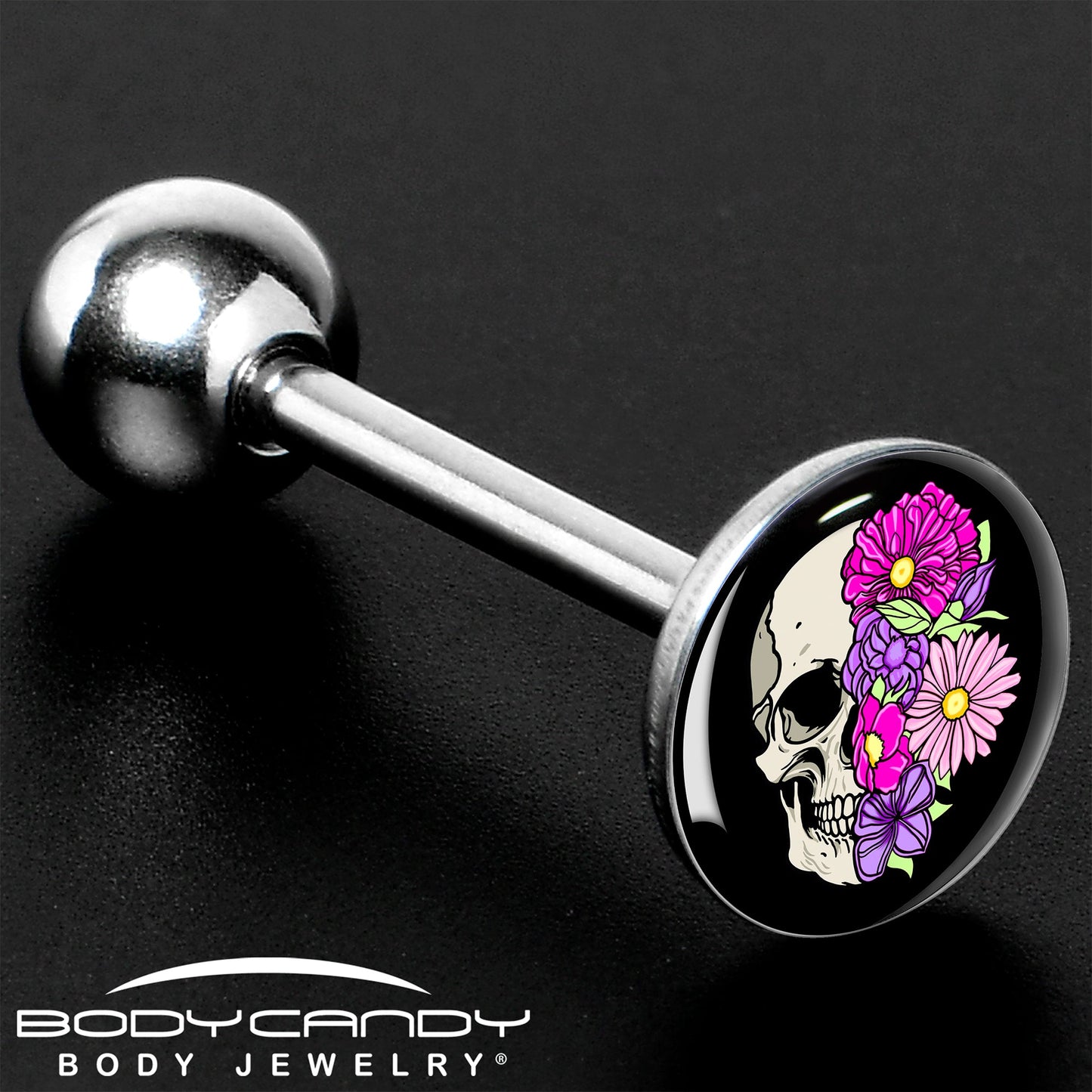 Floral Flowers Skull Barbell Tongue Ring by Onyx O