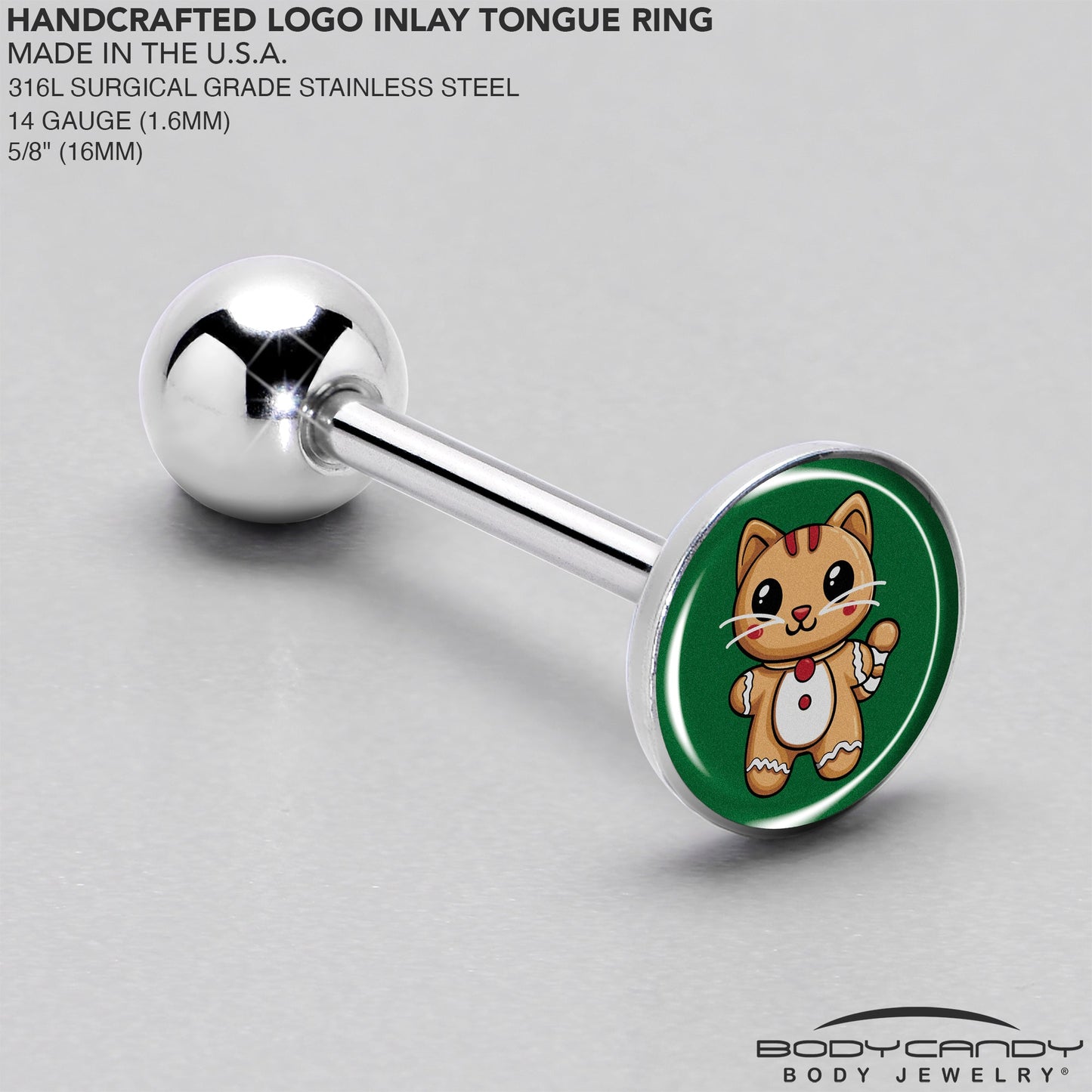 Christmas Holiday Gingerbrread Kitty Cat Barbell Tongue Ring by Onyx O