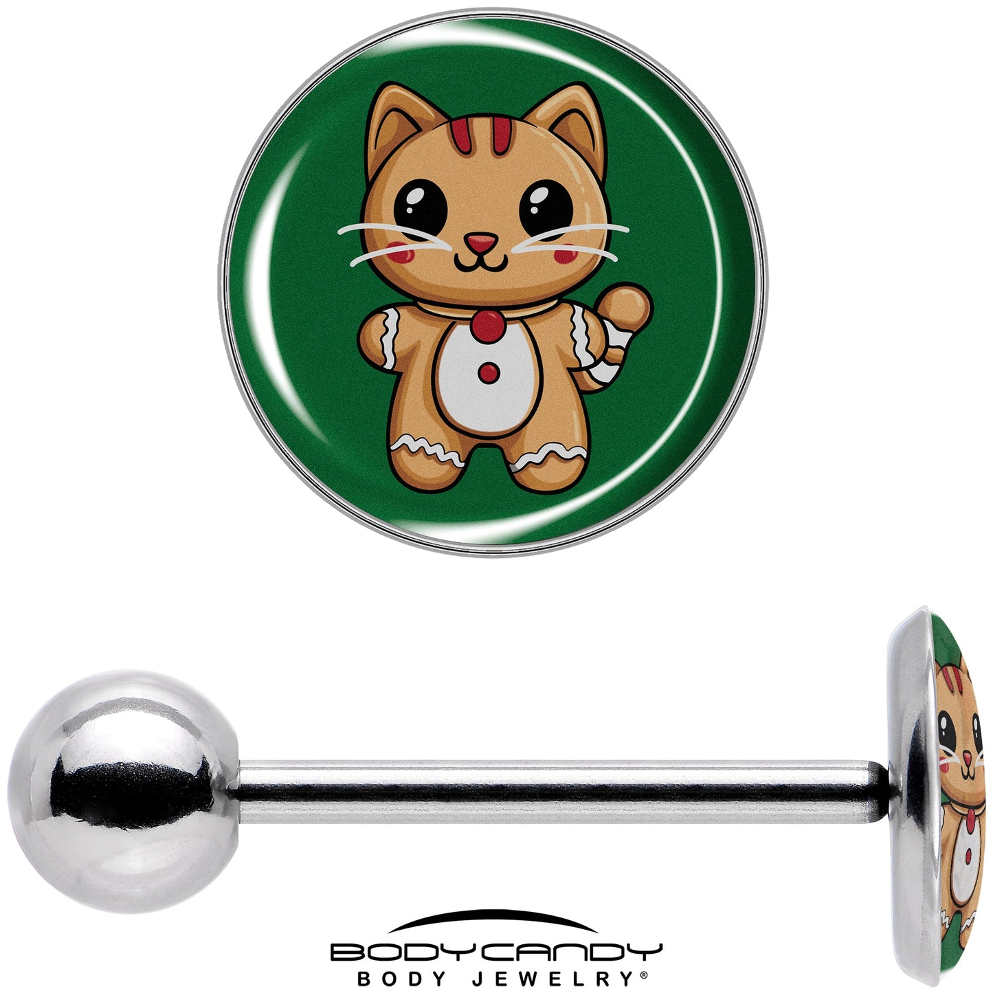 Christmas Holiday Gingerbrread Kitty Cat Barbell Tongue Ring by Onyx O