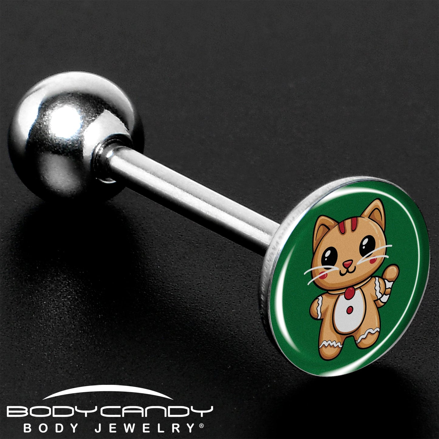 Christmas Holiday Gingerbrread Kitty Cat Barbell Tongue Ring by Onyx O