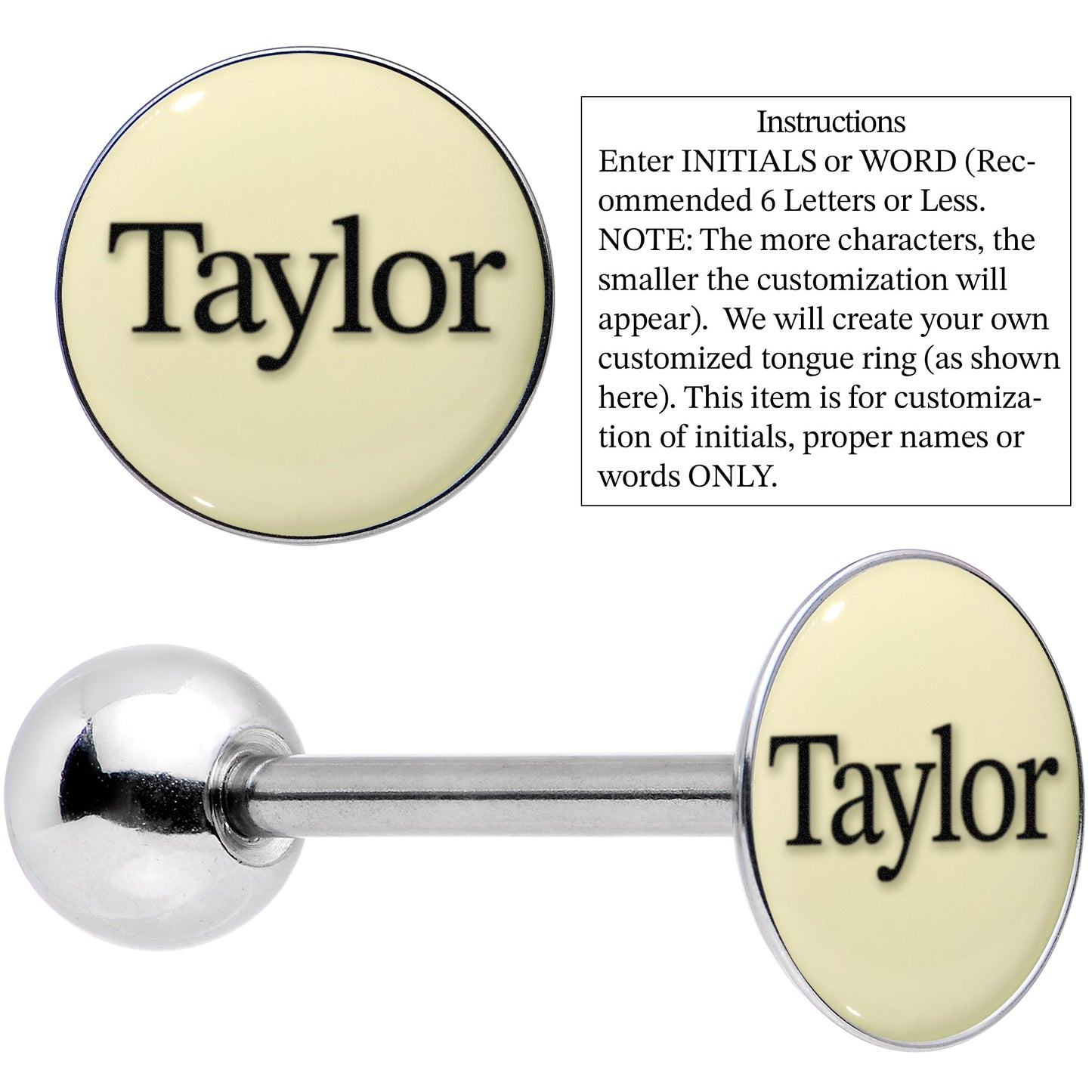 Custom Glow in the Dark Logo Stainless Steel Barbell Tongue Ring