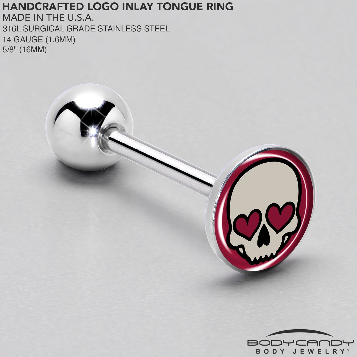 Valentine Heart Skull Barbell Tongue Ring