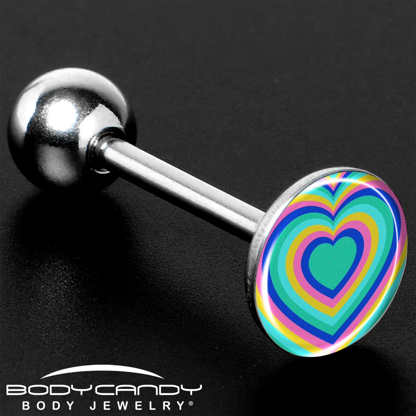 Rainbow Retro Heart Barbell Tongue Ring by Onyx O