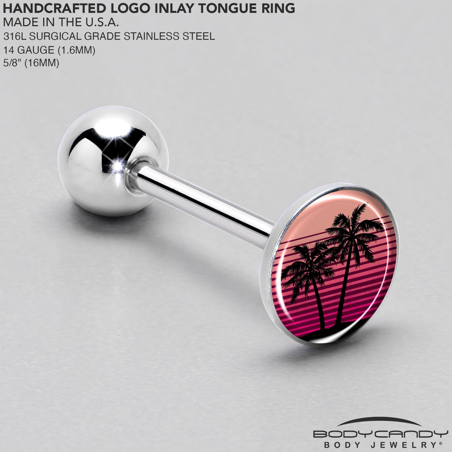 Palm Tree Retro Sunset Barbell Tongue Ring by Onyx O