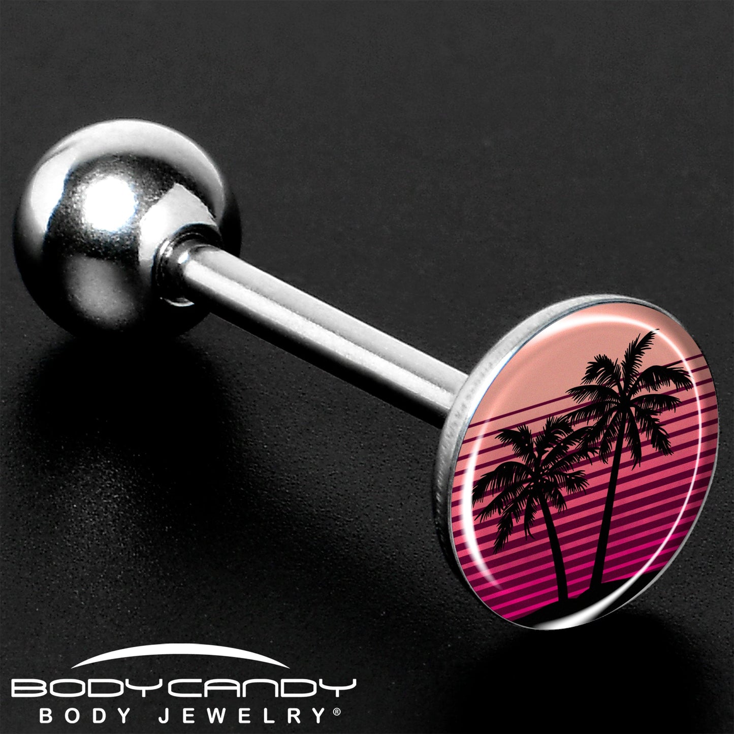 Palm Tree Retro Sunset Barbell Tongue Ring by Onyx O