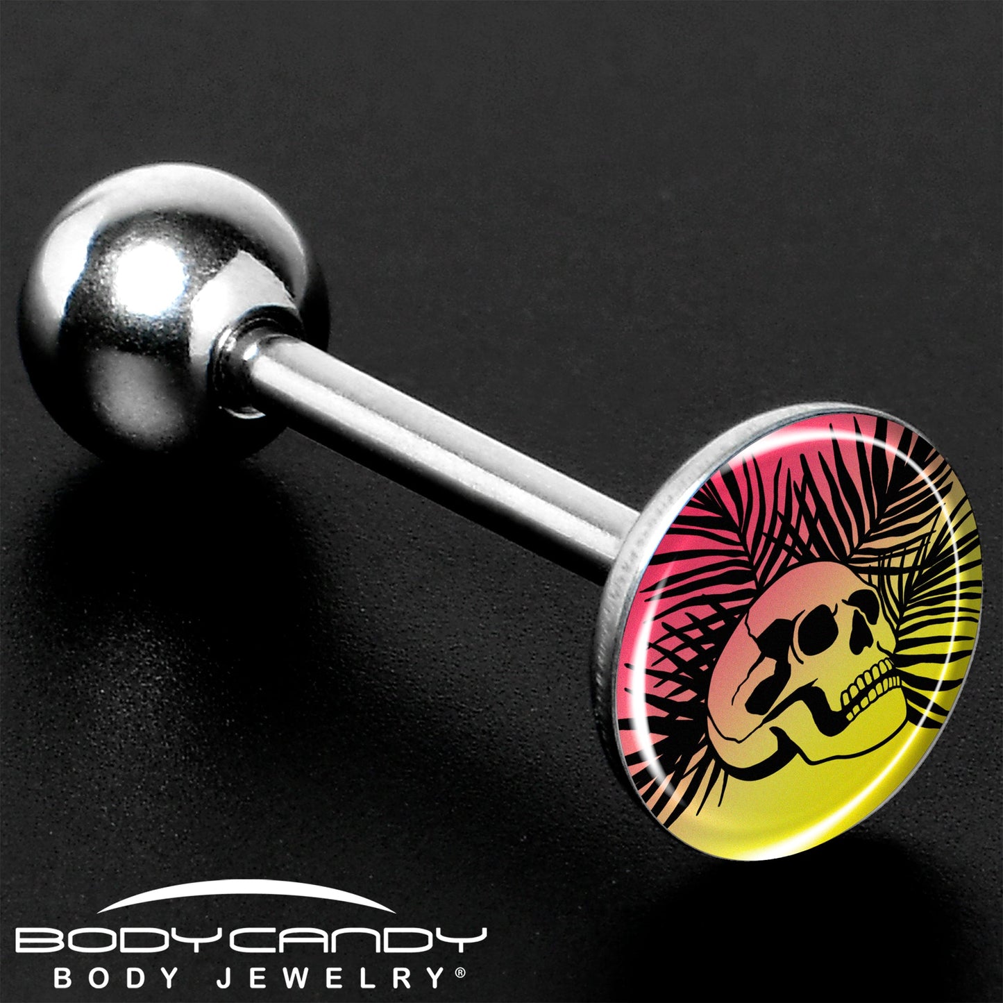 Red Haze Sunset Skull and Palms Barbell Tongue Ring by Onyx O