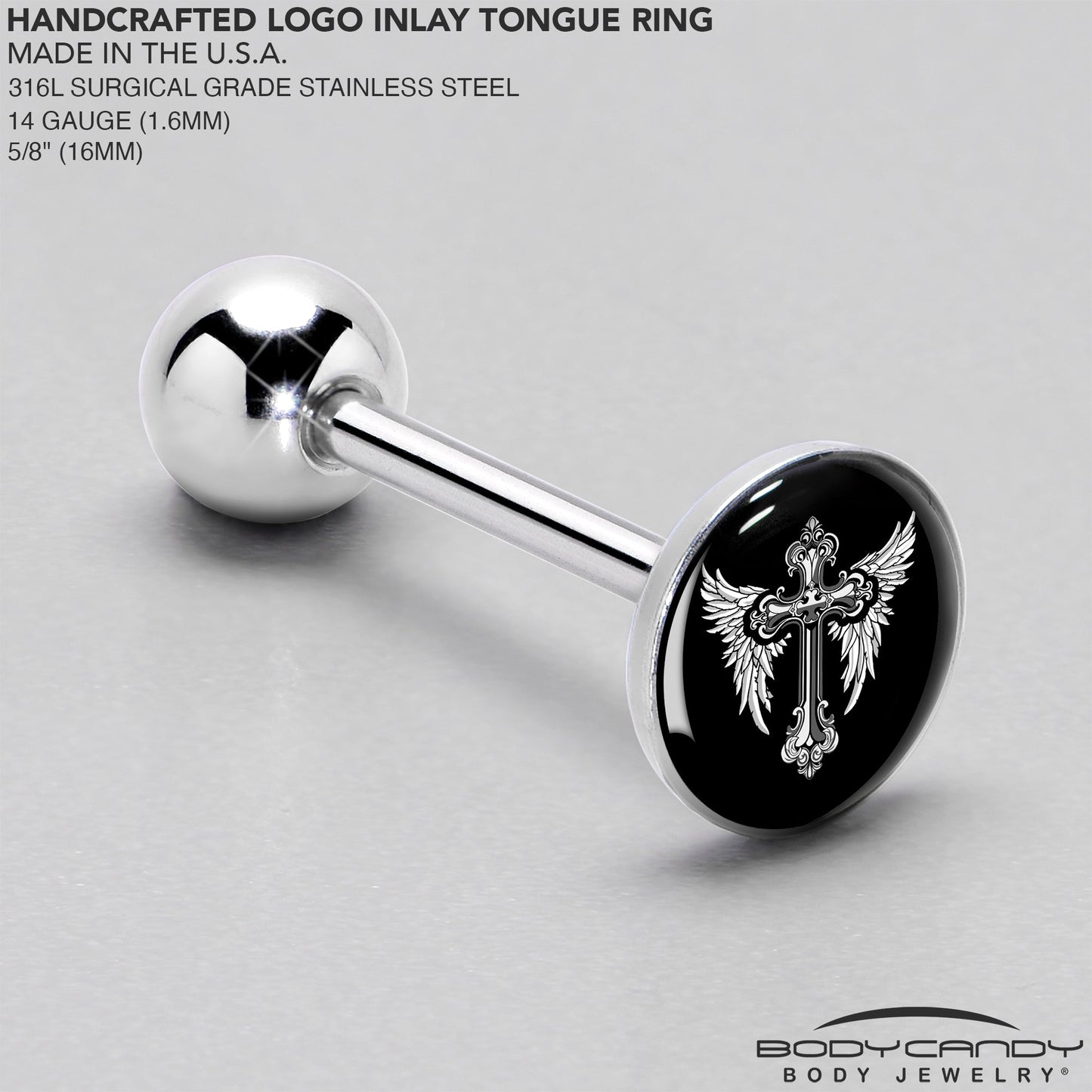 Black White Winged Cross Barbell Tongue Ring by Onyx O