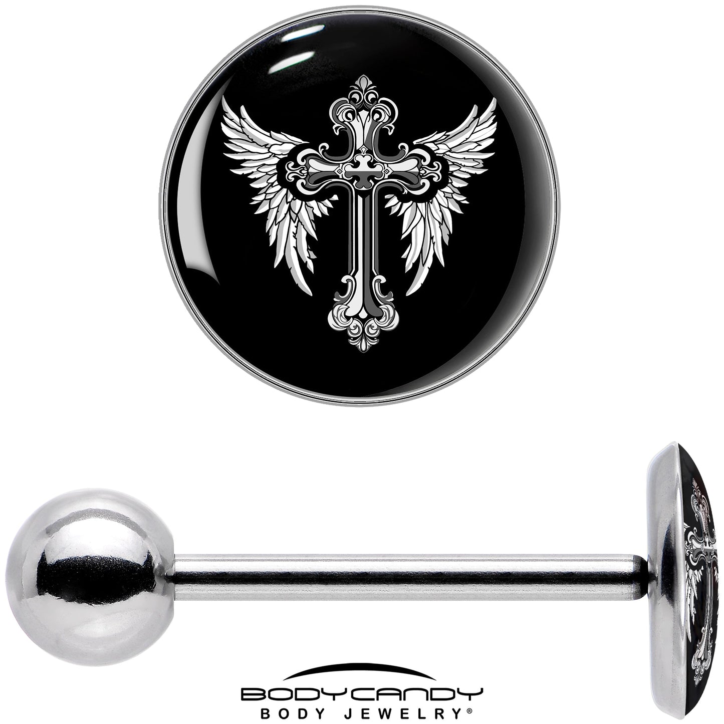 Black White Winged Cross Barbell Tongue Ring by Onyx O
