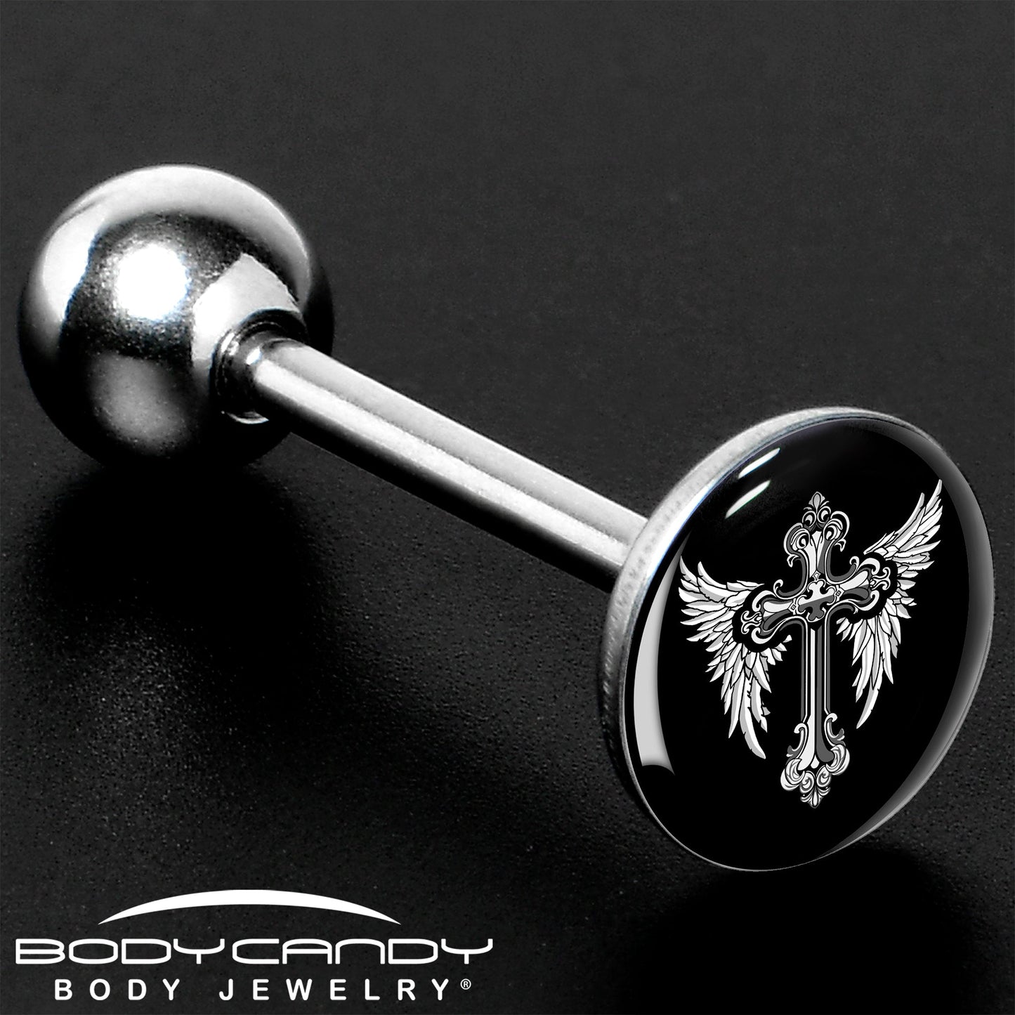 Black White Winged Cross Barbell Tongue Ring by Onyx O