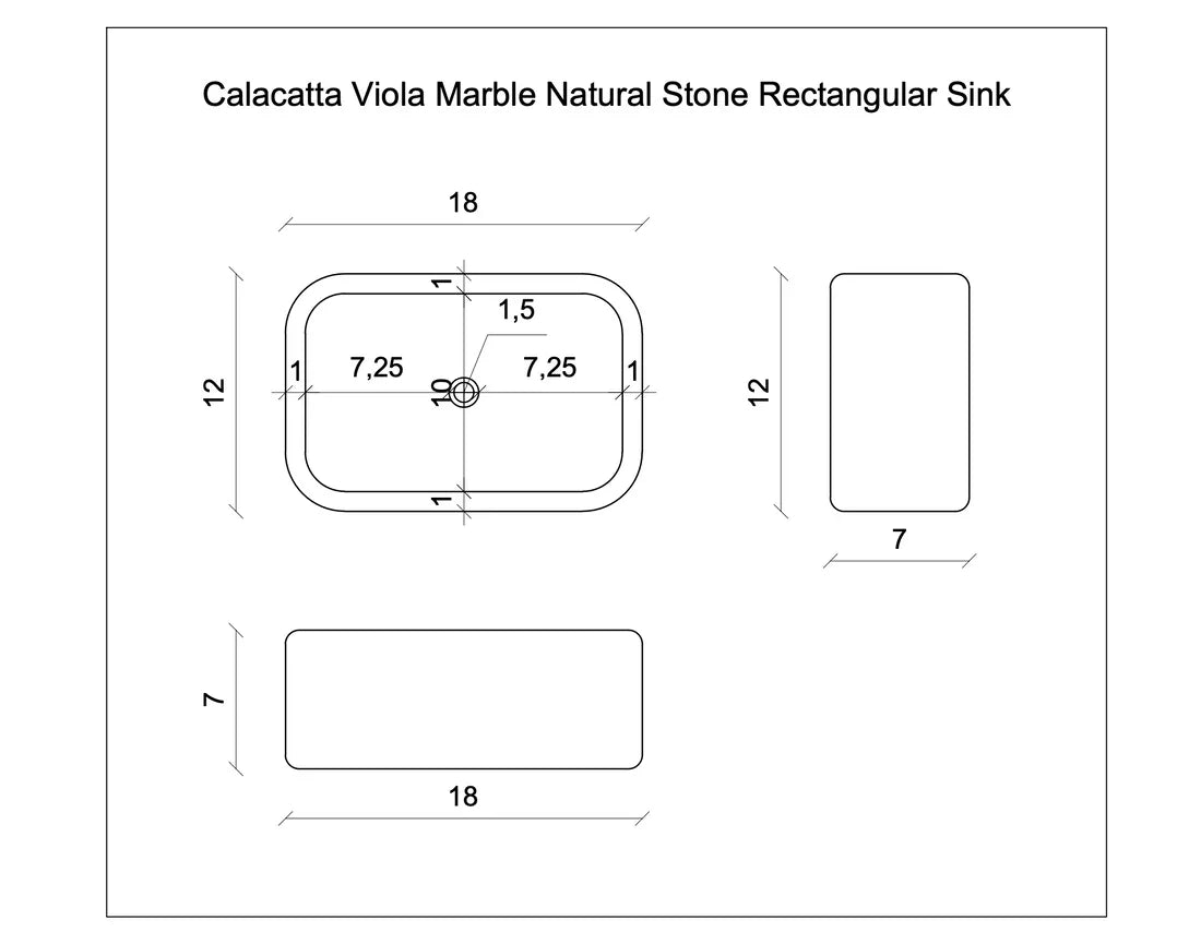 Calacatta Viola Marble Rectangular Wall-mount Bathroom Sink (W)12" (W)18" (H)7"