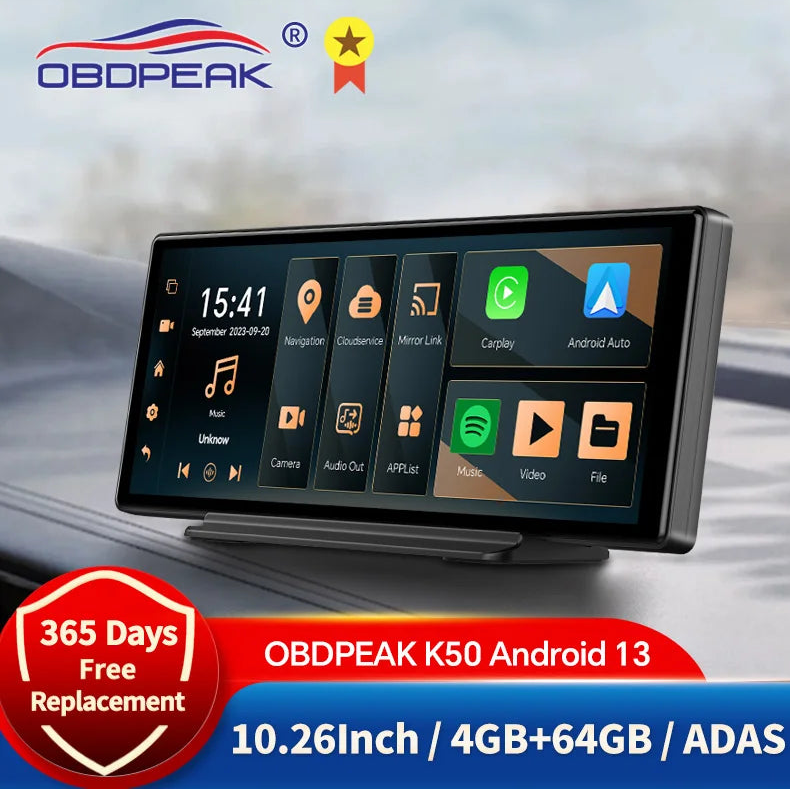 Car multimedia display with OBDPEAK branding and product details on a blurred road background
