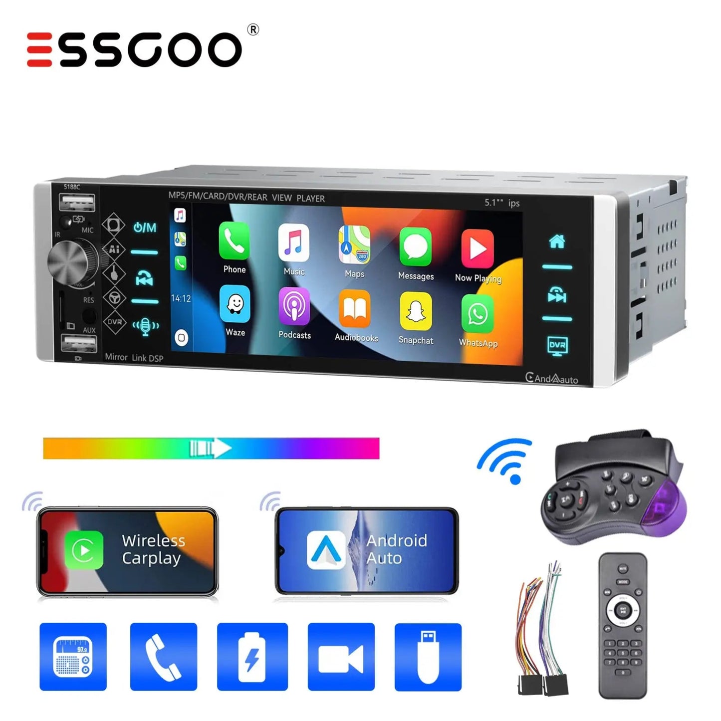 Car multimedia player with touchscreen display, wireless Carplay, Android Auto, and remote control on a white background.