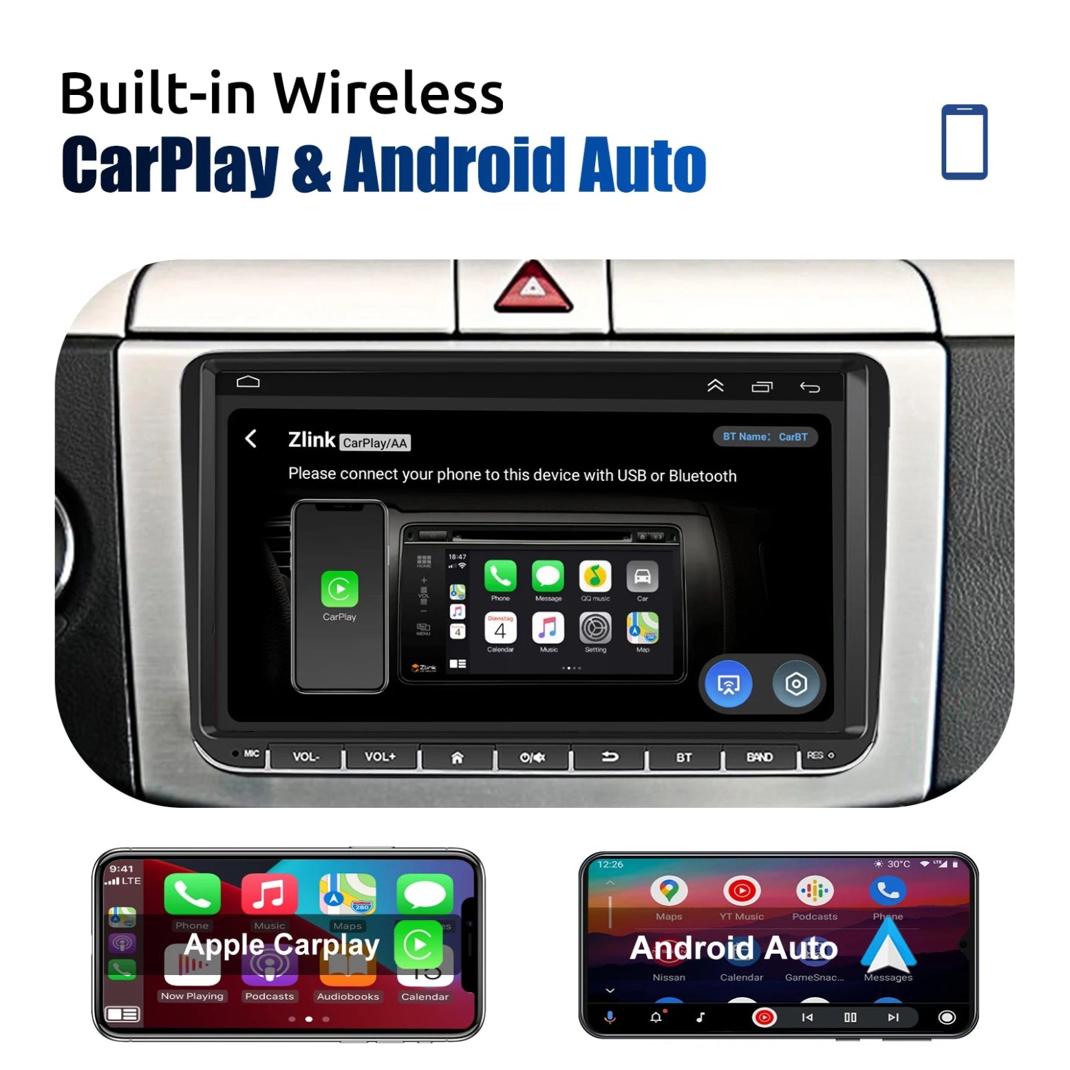 Car multimedia system with built-in Wireless CarPlay and Android Auto, displayed on a white background.