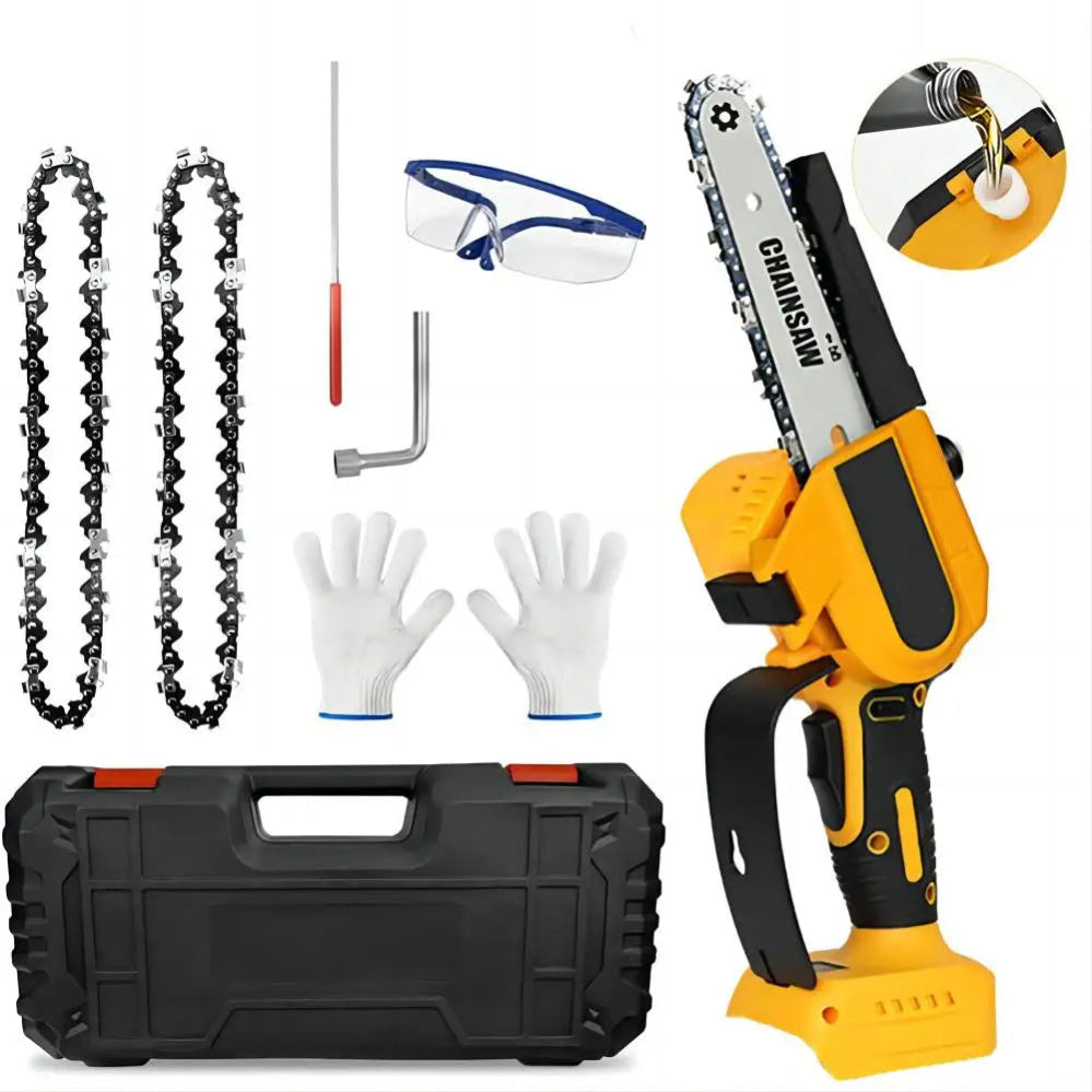 Chainsaw set with case, chains, gloves, and safety goggles on a white background
