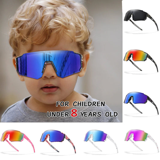 Child wearing large reflective sunglasses with additional styles displayed on the right.