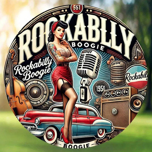 Circular design with 'Rockabilly Boogie' text, vintage car, microphone, and pin-up girl on a blurred natural background.
