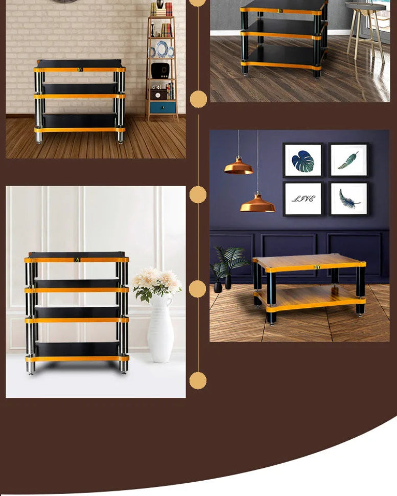 Collage of a black and orange shelf in various settings