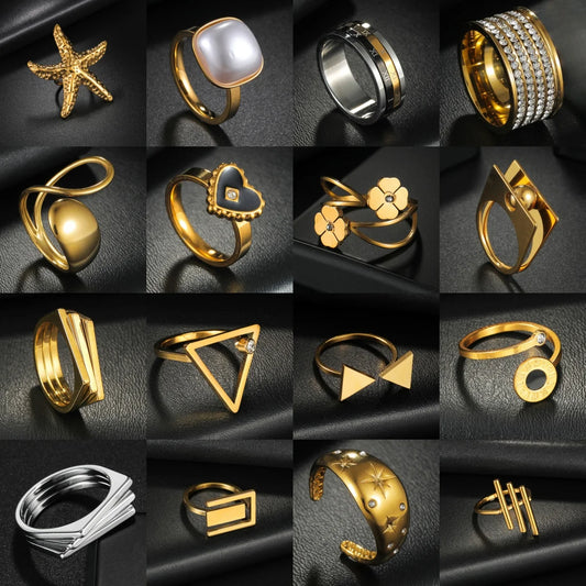 Collage of various gold and silver rings on a dark background