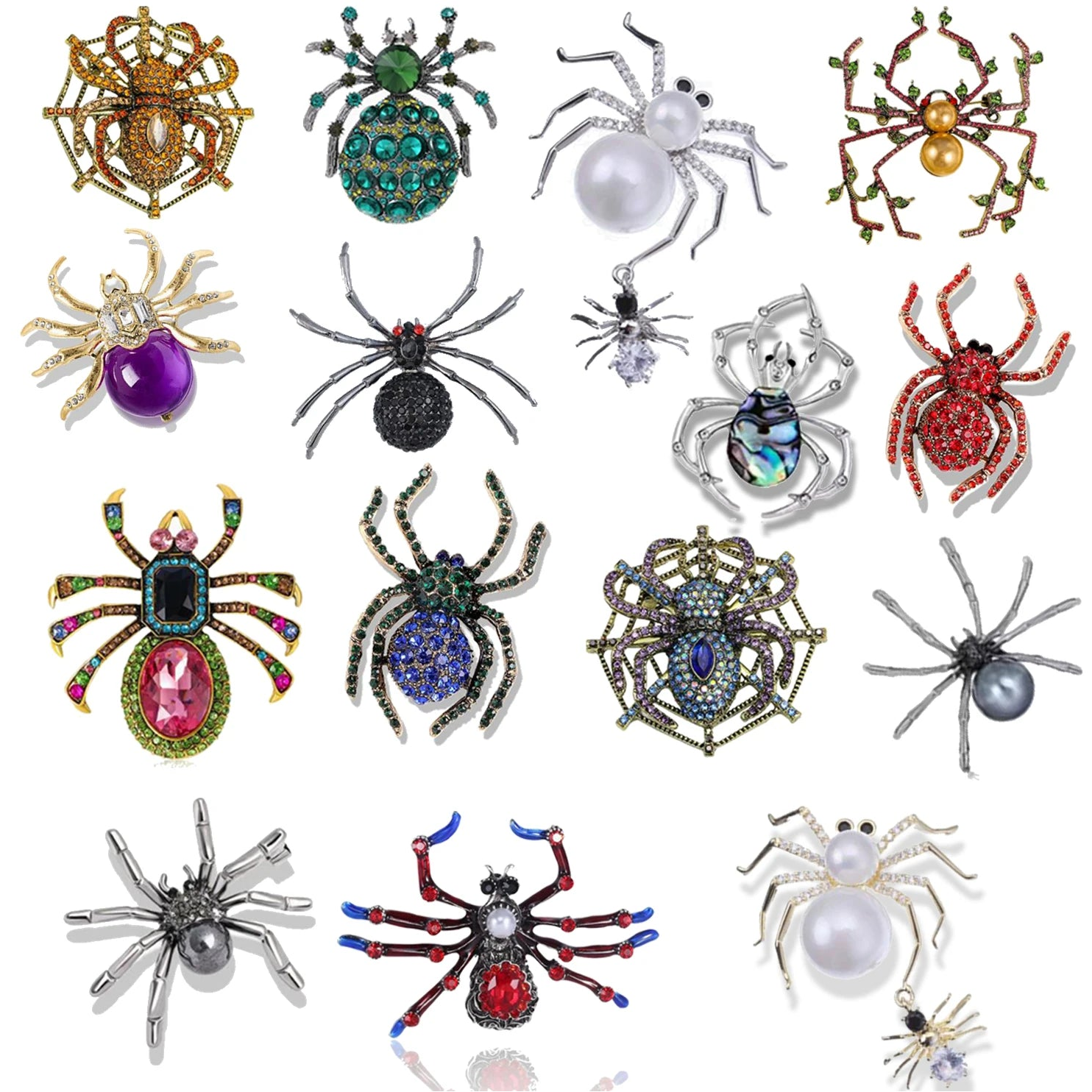Collection of colorful spider-shaped brooches on a white background