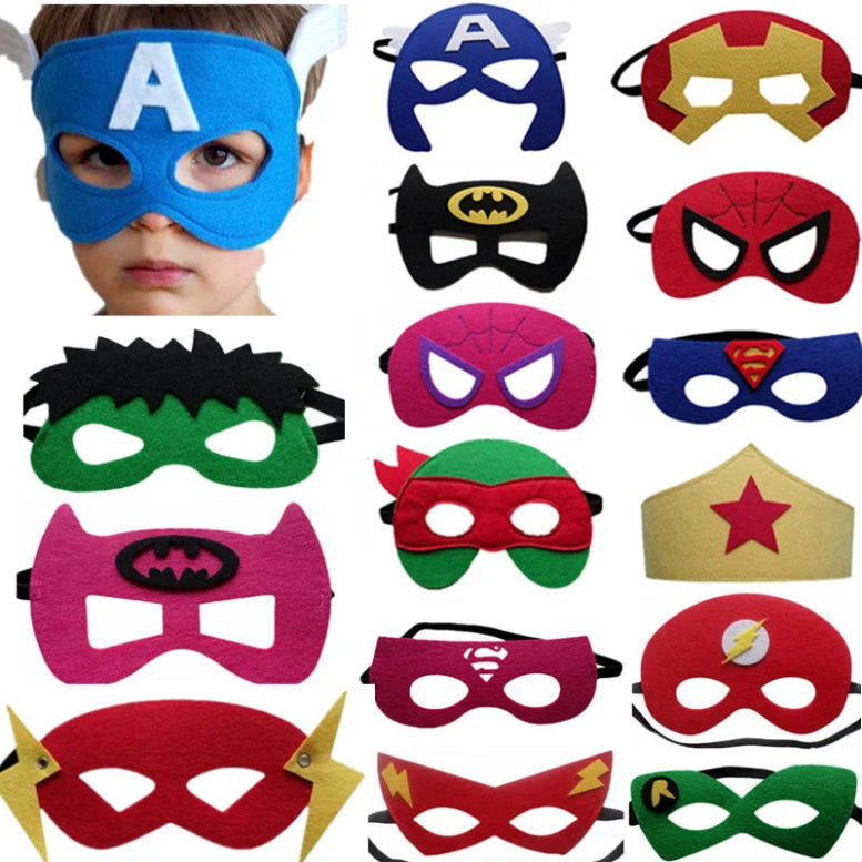 Collection of colorful superhero masks on a white background with a child wearing a blue mask.