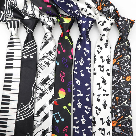 Collection of musical-themed neckties with various patterns on a white background