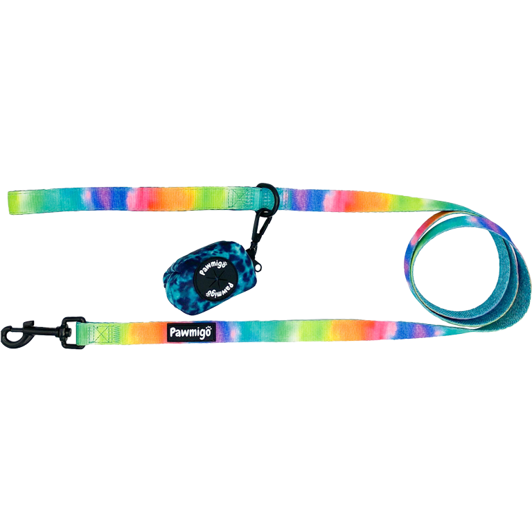 Colorful dog leash with a blue pouch on a white background
