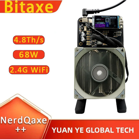 Computer hardware component with specifications on a white background, featuring Bitaxe, NerdQaxe, and Yuan Ye Global Tech logos.