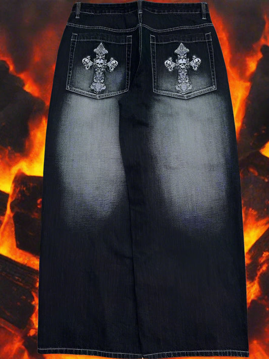 Crossfade Chaos: Y2K Vintage Wash Wide-Leg Punk Jeans with Cross Embroidery & Street Authority - Premium jeans from dsers - Just $166.66! Shop now at Lizard Vigilante