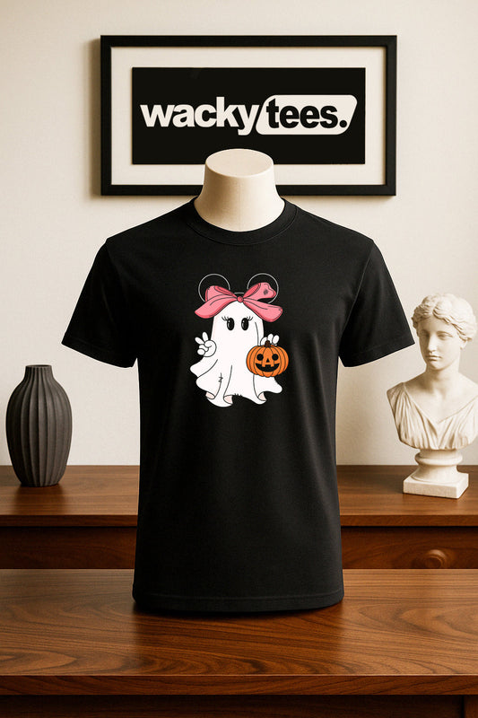 Cute Halloween Female Ghost with Pumpkin Trick Or Treating Graphic Tee Shirt