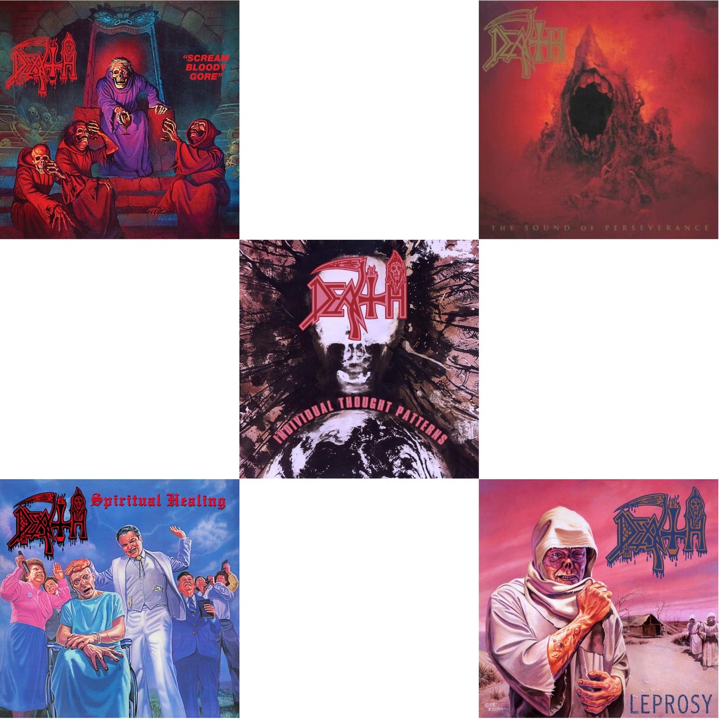 Death - Scream Bloody Gore (Neon Violet, Bone White & Red  Tri Color Merge With Splatter LP Vinyl) & Spiritual Healing - Reissue (Red, Cyan Blue & Black Tri Color Merge With Splatter LP Vinyl) & Individual Thought Patterns - Reissue (Hot Pink, Bone
