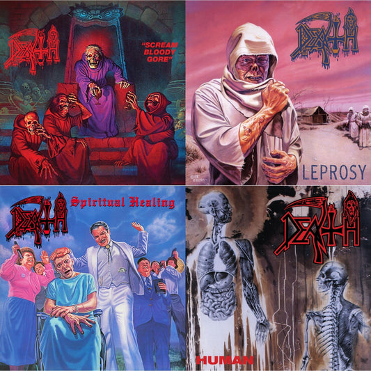 Death - Scream Bloody Gore (Neon Violet, Bone White & Red  Tri Color Merge With Splatter LP Vinyl) & Leprosy Reissue (Hot Pink, Bone White & Blue Jay Tri Color Merge With Splatter LP Vinyl) & Spiritual Healing - Reissue (Red, Cyan Blue & Black Tri