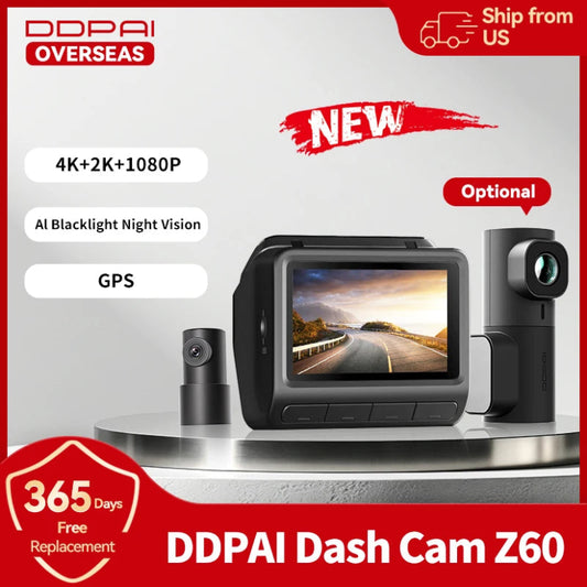 DDPAI Dash Cam Z60 with features highlighted on a red and white background