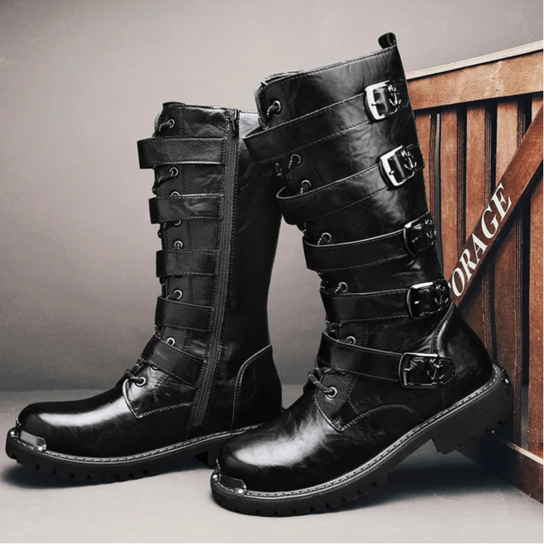 DEADFUEL BLACKOUT: Men’s Mid-Calf Leather Motorcycle Boots with Zip Buckle – Streetwear Punk Cowboy Tool Boots for Winter Chaos - Premium boots from Lizard Vigilante - Just $135.99! Shop now at Lizard Vigilante