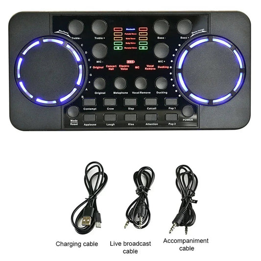 DJ controller with LED lights and cables on a white background