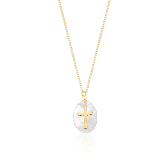 Fremttly Cross Necklace for Women 14K Gold Plated Crystal Pendant Necklace Handmade Gem Necklaces Dainty Gold Necklaces for Women Trendy CS-ClearQuartz