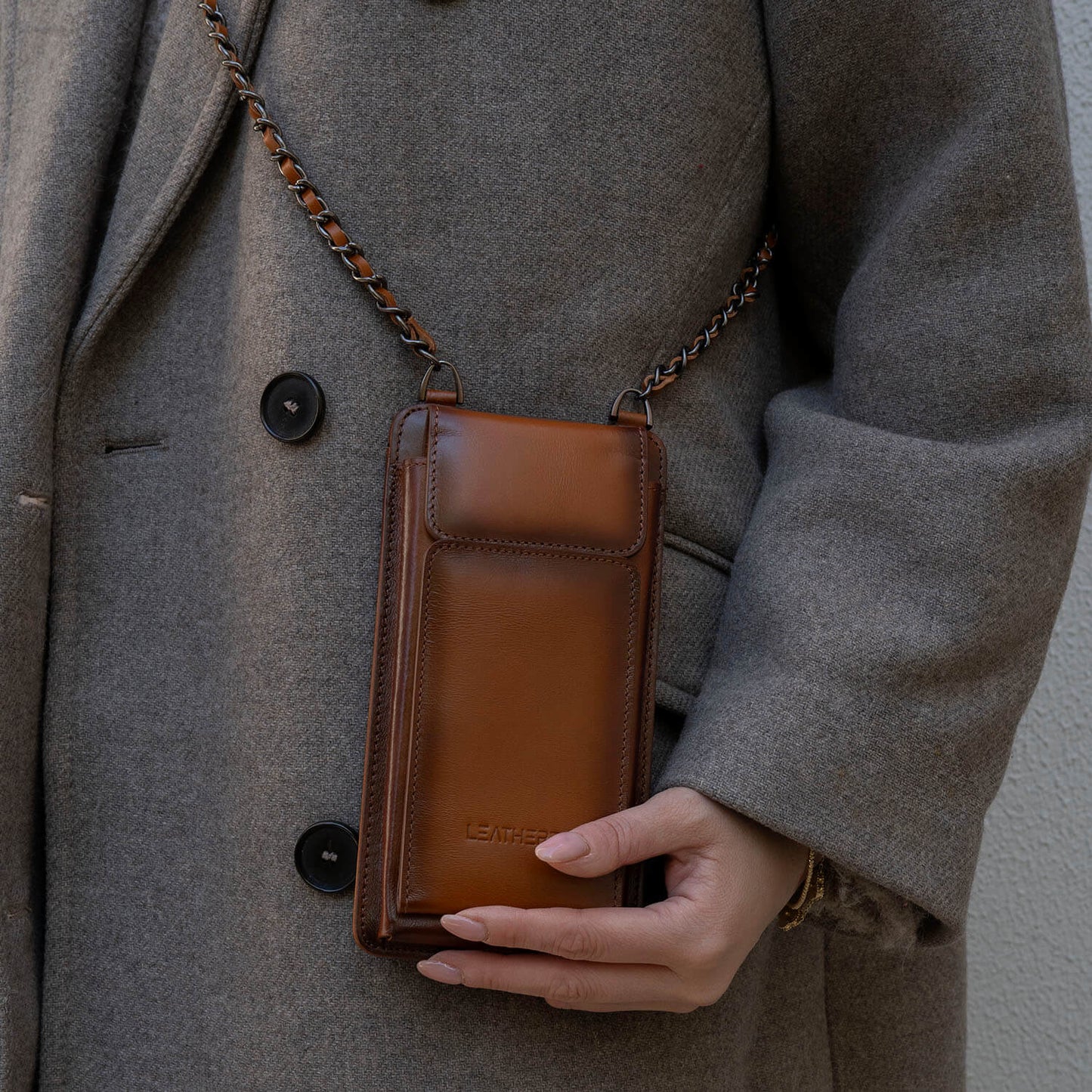 Leather Brown Crossbody Bag Phone Wallet - Columbus