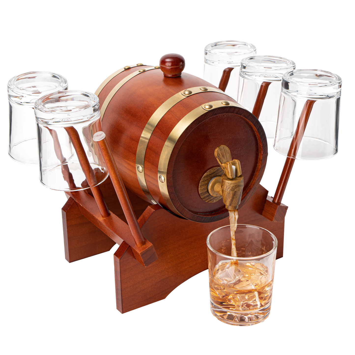 Barrel Decanter with 6 Whiskey Glasses by The Wine Savant - 1000 mL Mahogany Wood Old Fashioned Classic Whiskey Decanter Set, Gifts for Him, Father's Day, Gift Ideas