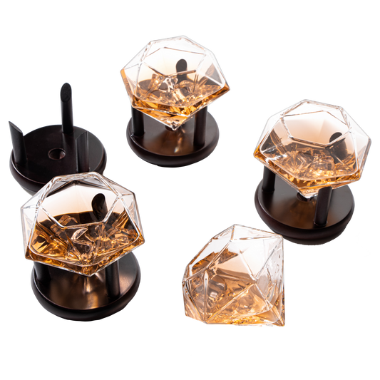 Set of 4 Diamond Whiskey & Wine Glasses With Wood Stands 10oz - Wine, Whiskey, Water, Diamond Shaped, Diamonds Collection Sparkle Patented Wine Savant - Stands Alone, Or on Stand