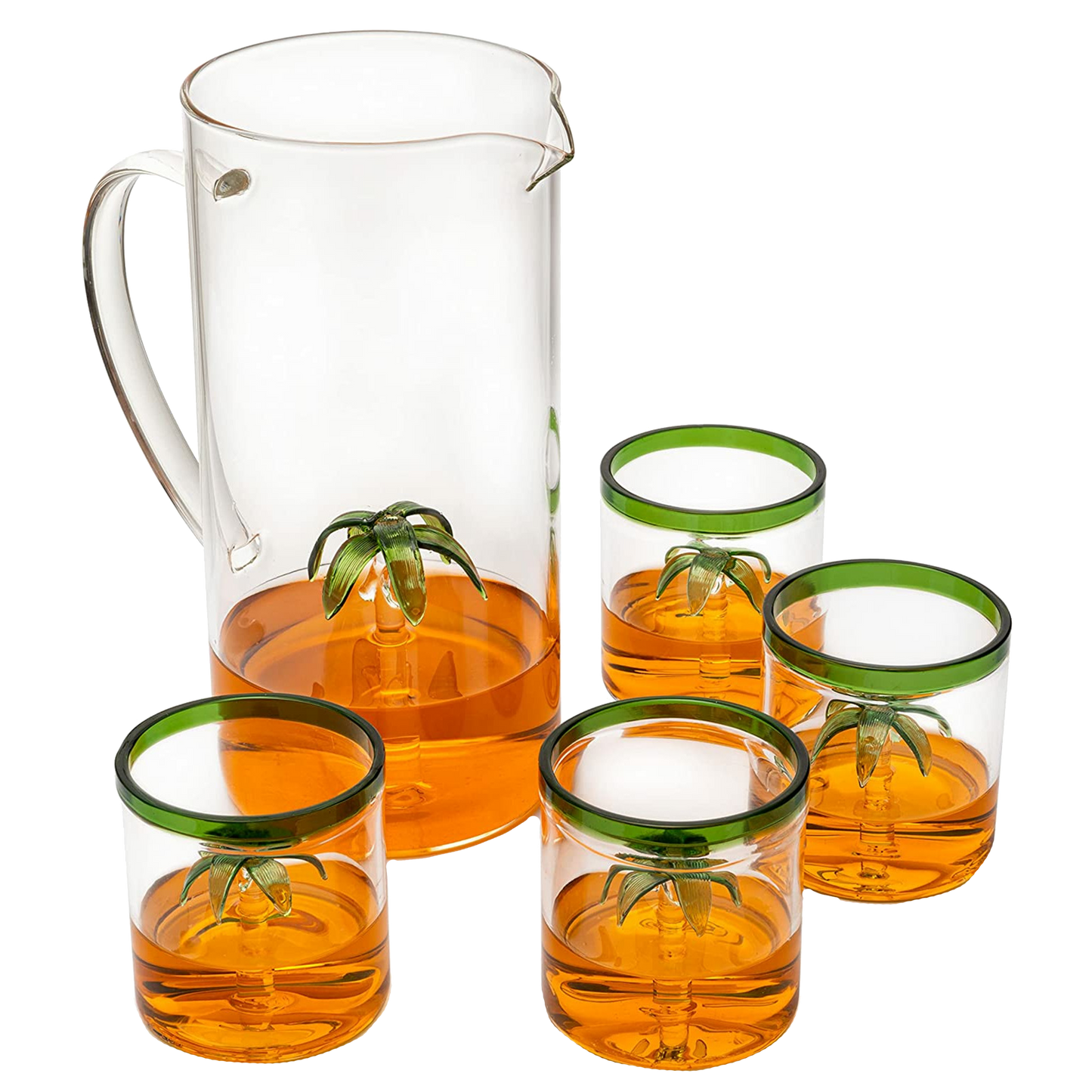 Palm Tree Pitcher & 4 Glasses Set Decanter with 4 Glasses 9oz by The Wine Savant - Elegant Glass Set, Great for Water Iced Tea, Sangria, Lemonade, and More! 1300ml 9" H