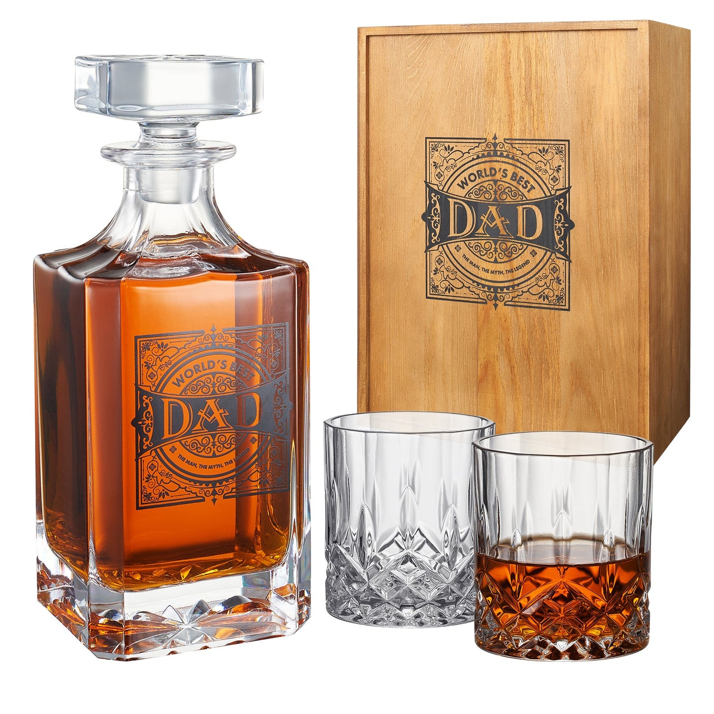 Gift for Dad Whiskey Decanter Gift Set | 730mL Decanter 2 Whiskey Glass | Father's Day, Birthday, Housewarming Gift for Your Loved One, Men, Dad, Him, Beautiful Wooden Gift Box