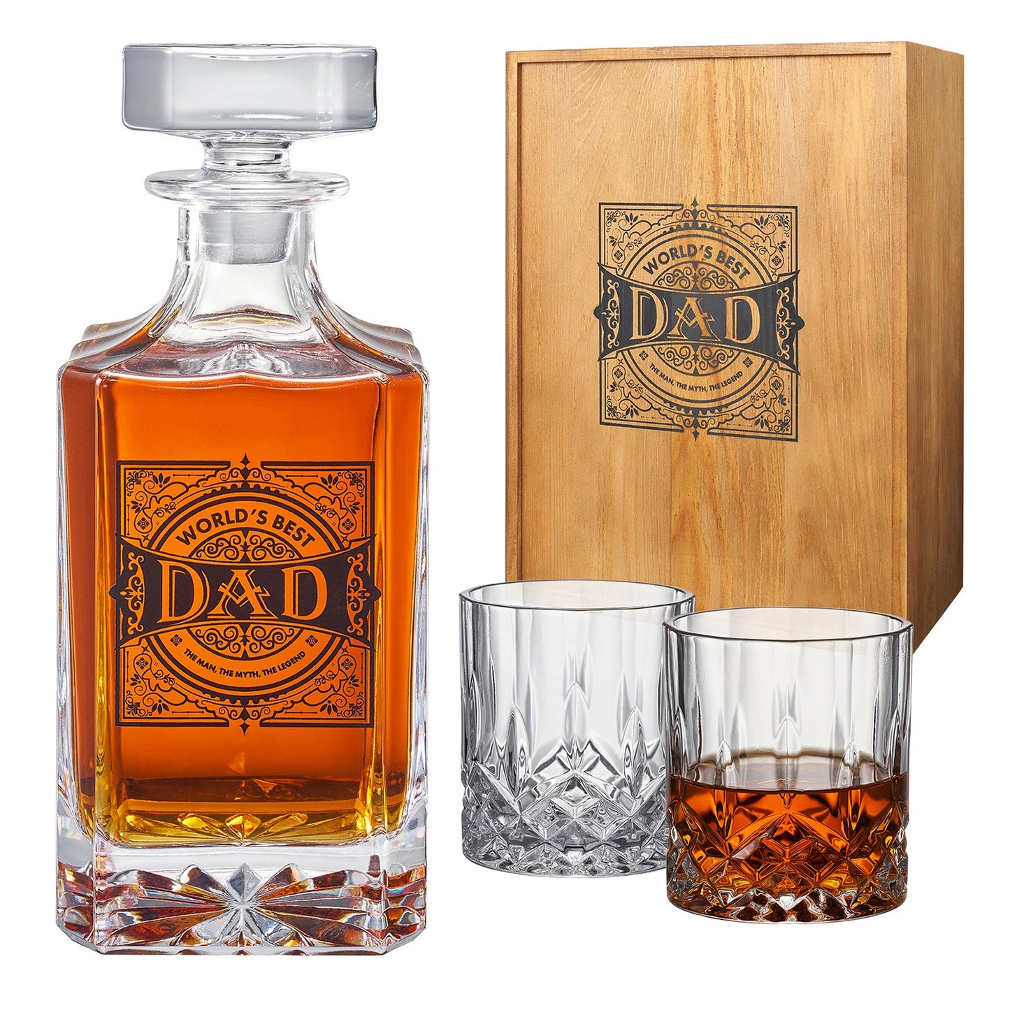 Gift for Dad Whiskey Decanter Gift Set | 730mL Decanter 2 Whiskey Glass | Father's Day, Birthday, Housewarming Gift for Your Loved One, Men, Dad, Him, Beautiful Wooden Gift Box