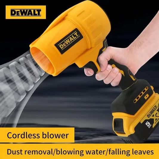 DeWalt cordless blower being used to clear leaves with a black background