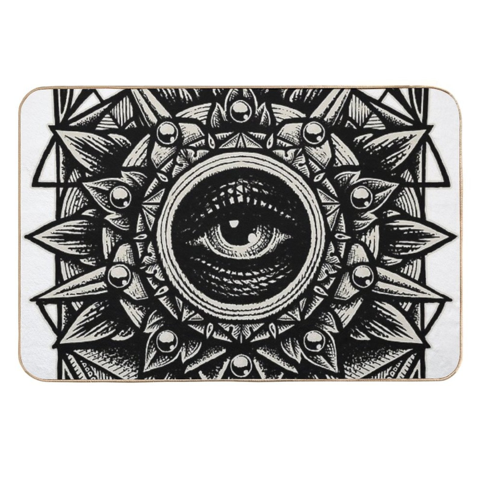 Decorative plate with black and white geometric design and central eye