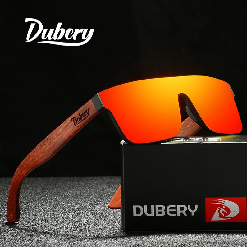 Dubery sunglasses with wooden arms and red-orange lenses on a black background