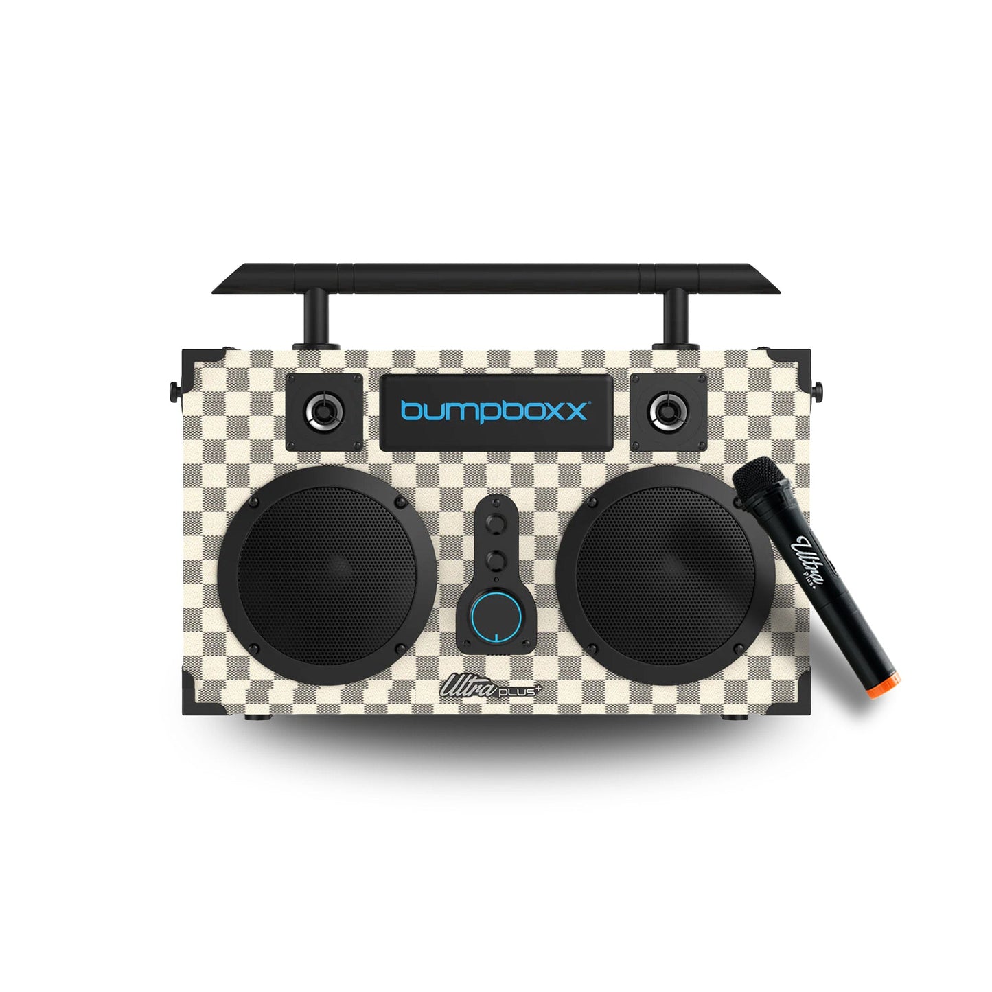 Dumbboxx speaker with checkered design on a white background
