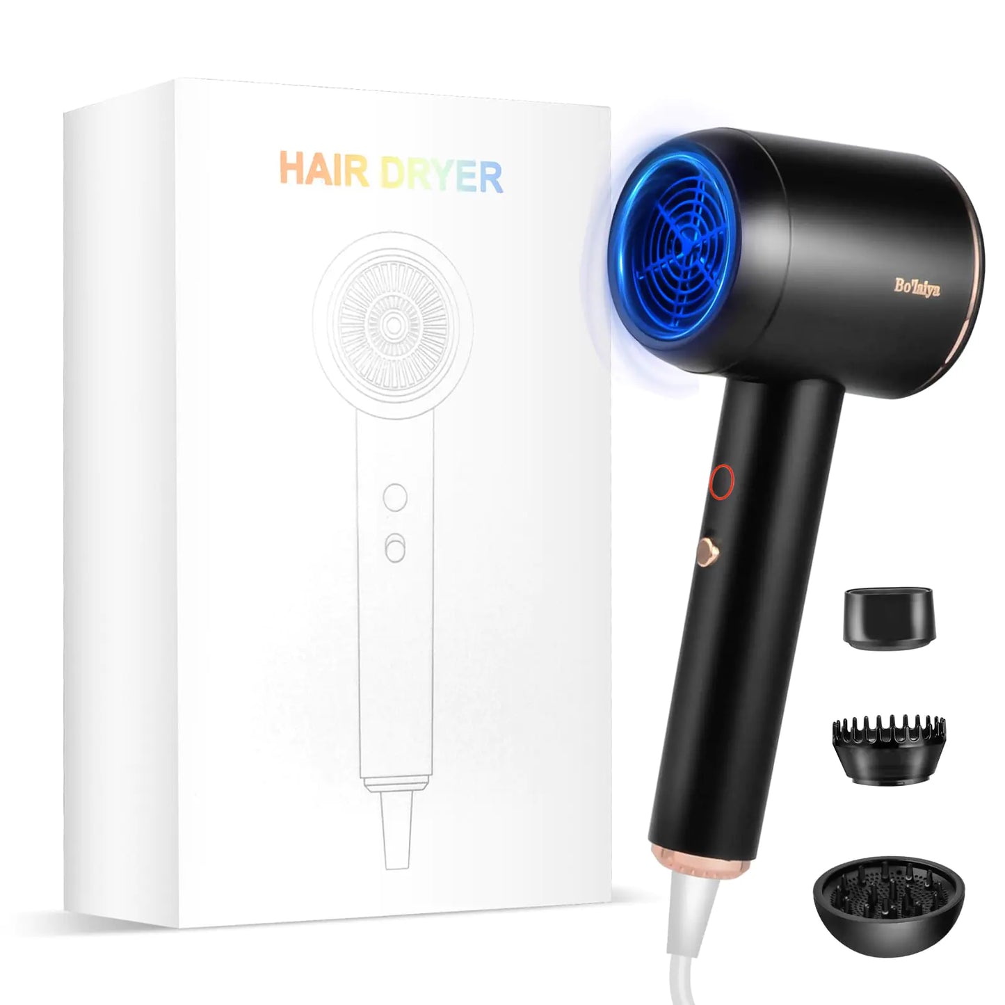 Professional Ionic Hair Dryer | Powerful Low Noise Hair Dryer | Constant Temperature for Fast Hair Drying | with Hair Diffuser Cluster Nozzle and Comb for Curly (Black)