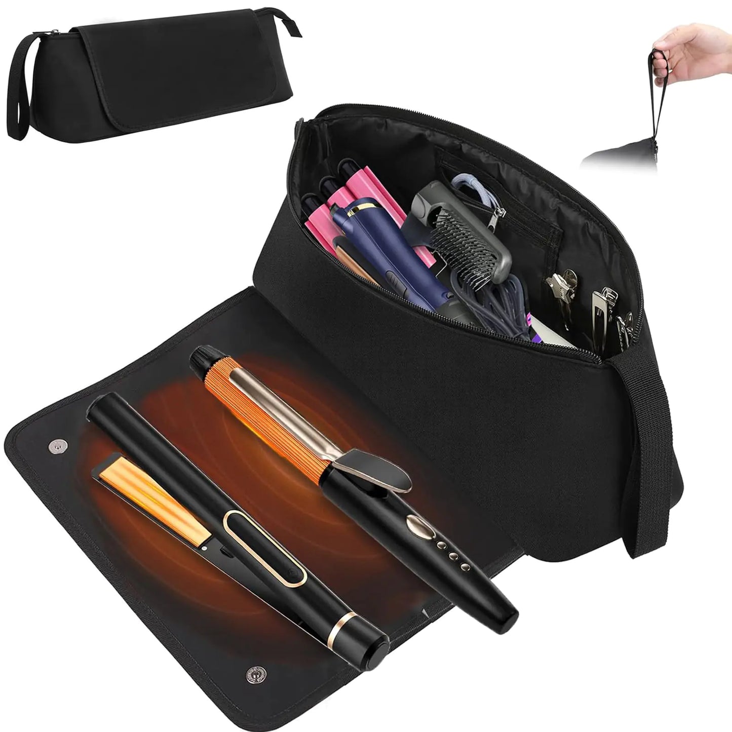 Hair Tools Travel Bag Hot Tools Organizer for Women Hair Styling Accessories Organizer Case Curling Iron Straightener Flat Iron Hair Essentials Dryer Storage Pouch for New Year Day Gift Black