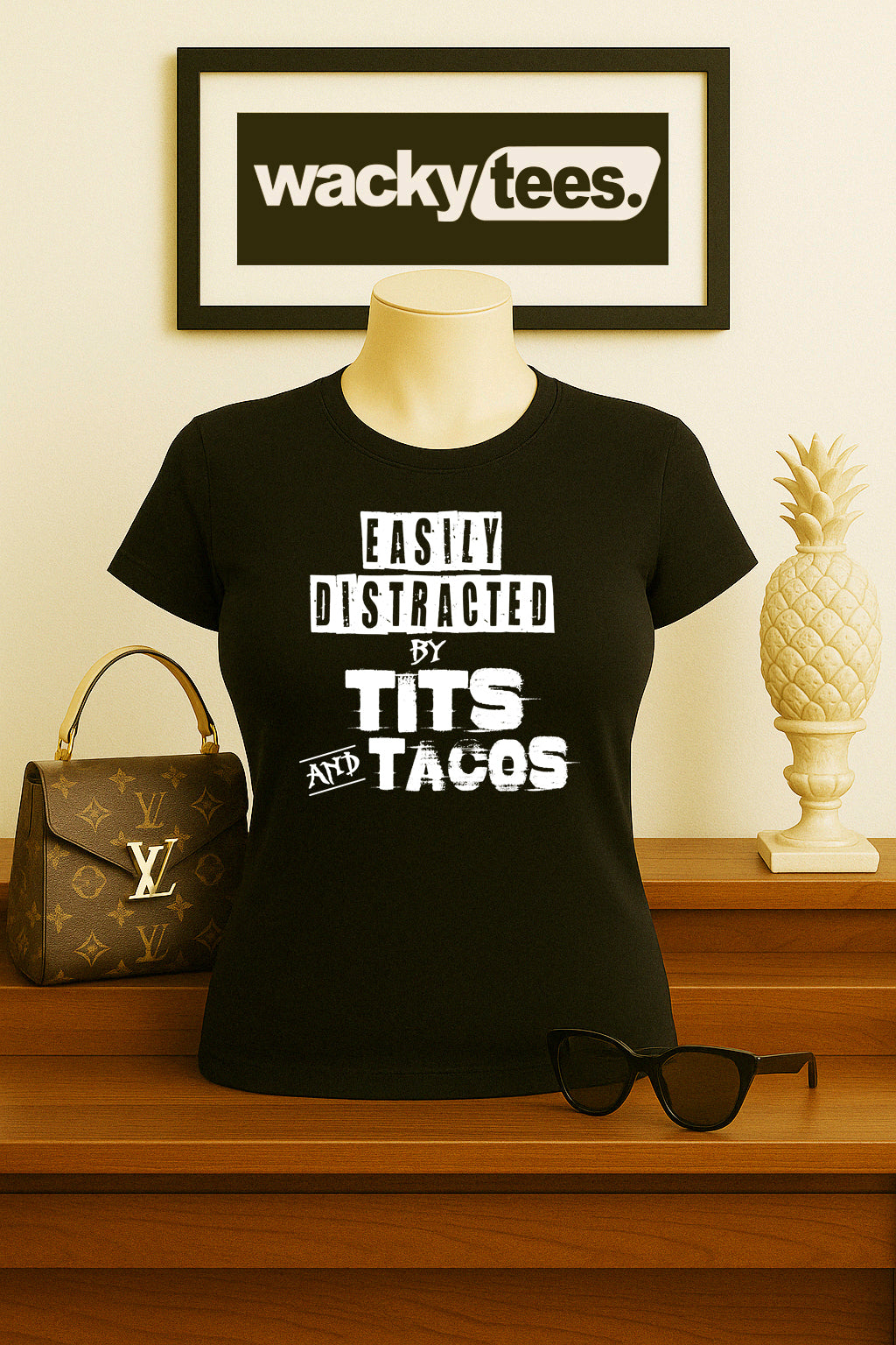 Easily Distracted By Tits and Tacos Adult Humor Funny Graphic Tee Shirt