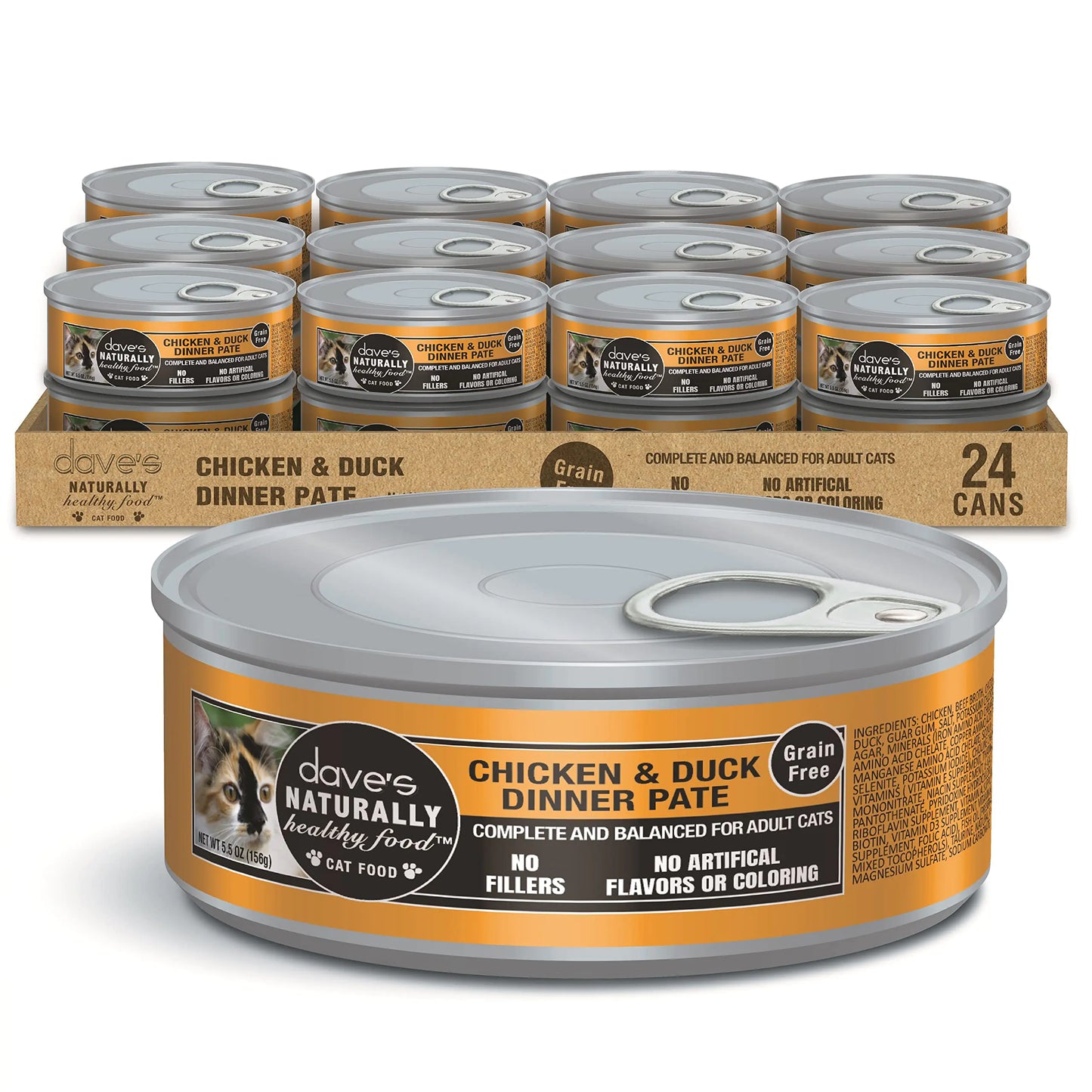Daves Pet Food Grain Free Wet Cat Food (Chicken & Duck Dinner Pate) Made in Canada Naturally Healthy Canned Cat Food Added Vitamins & Minerals Wheat & Gluten-Free 5.5 oz Cans (Case of 24)
